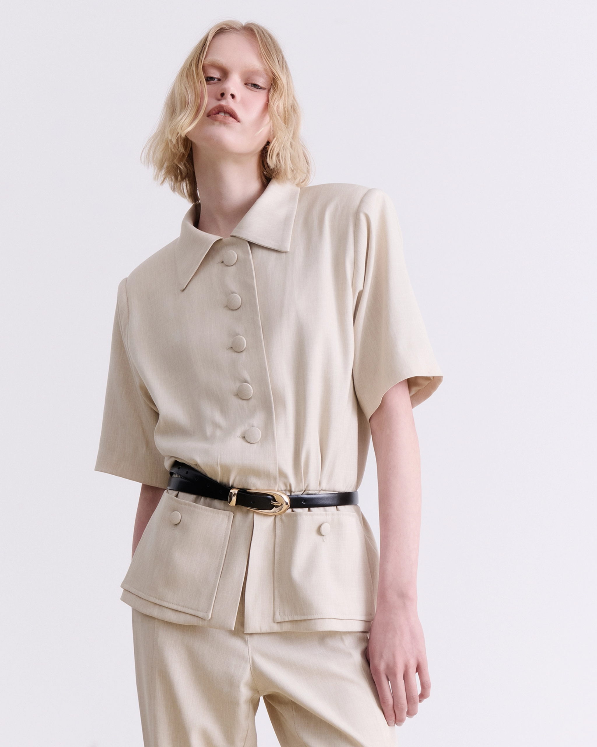 0018408_beige-short-sleeve-blazer_3960 BEIGE SHORT SLEEVE BLAZER - Image 1